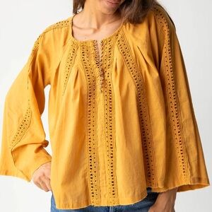 Natural Life S Crochet Bohemian Mustard Yellow Swing Blouse Pintuck Buttons Boho